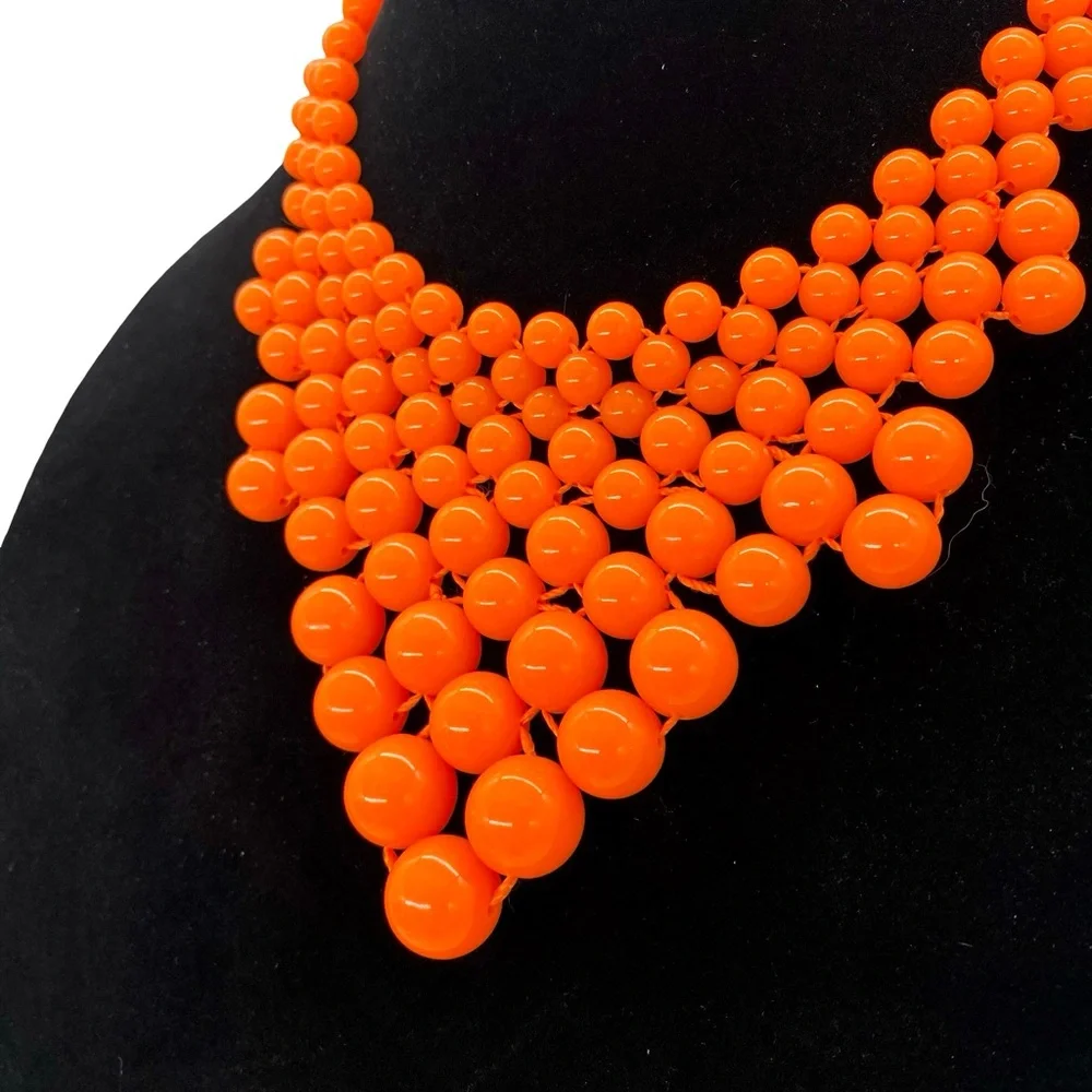 Amrita Singh Orange Beaded Bib Statement Necklace Retro Mod